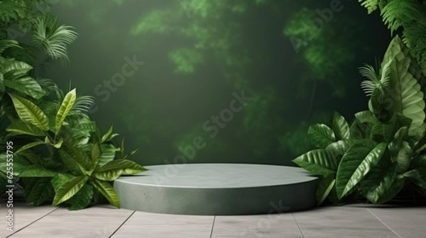 Fototapeta Mock-up of podium made of stone surrounded by green plants and leaves. Eco friendly concept background for eco and beauty products