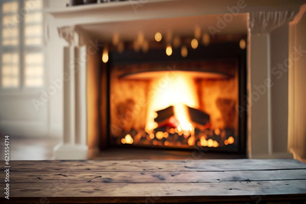 Obraz fireplace with christmas decorations, cosy home interior background Table top with blurred fireplace, fireplace, Ai Generate 