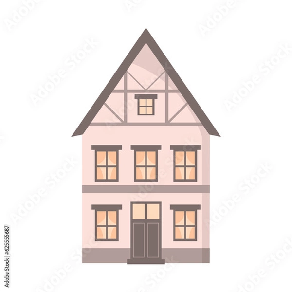 Fototapeta Flat vector illustration of an old european house with windows and a door. Freehand exterior view of a beige building on an isolated white background. For design, print, decoration.