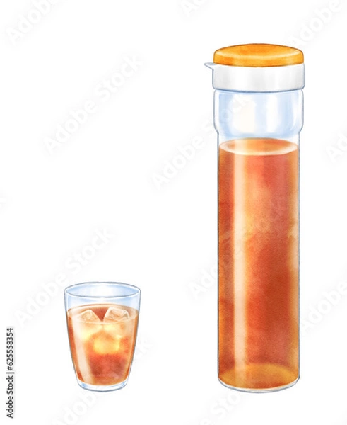 Fototapeta Plain barley tea pot and glass drawn with digital watercolor