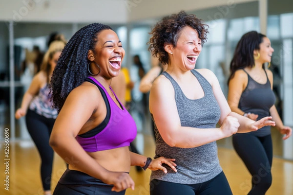 Fototapeta Middle-aged women enjoying a joyful dance class, candidly expressing their active lifestyle through Zumba with friends, generative ai