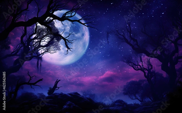 Fototapeta halloween purple background with spooky leafless tree full moon in the night sky Generative AI