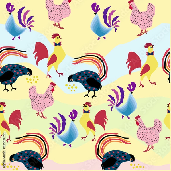 Fototapeta Roosters and hens seamless pattern