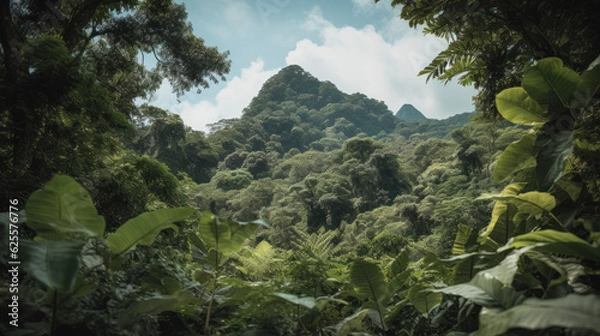Obraz Dense tropical jungle foliage gives way to blue sky and a distant mountain.