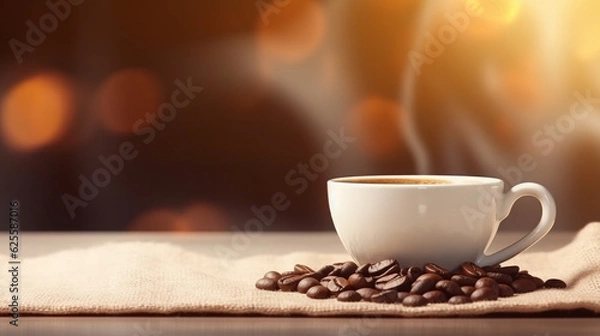 Obraz A cup of hot coffee with coffee beans on the table