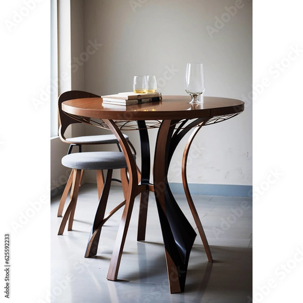Fototapeta  table and chairs. Combination of wood and concrete. Comfortable living space. Generative AI