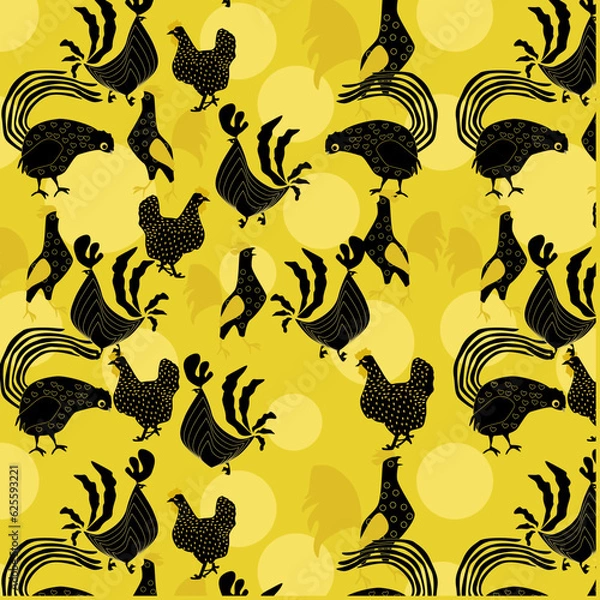 Fototapeta seamless pattern with black and yellow hens