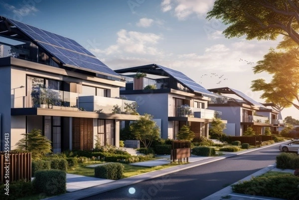Fototapeta Freshly constructed homes featuring solar panels affixed to their rooftops, situated beneath a radiant and clear sky, showcasing the utilization of renewable and eco friendly energy.