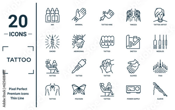 Fototapeta tattoo linear icon set. includes thin line ink, sword, tattoo, tattoo, sleeve, thai icons for report, presentation, diagram, web design