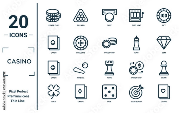 Obraz casino linear icon set. includes thin line poker chip, cards, cards, luck, cards, poker chip, pawn icons for report, presentation, diagram, web design