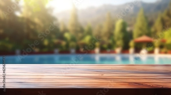 Fototapeta empty wooden table against a blurry swimming pool background in the morning