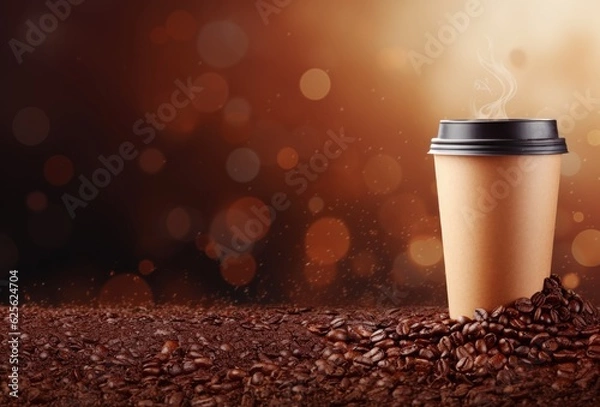 Fototapeta Coffee to go cup and coffee beans background with place for text