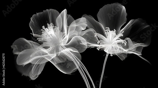 Fototapeta Monochrome x-ray image of a ethereal flower on black. Fantasy mystical blossom. Generative AI