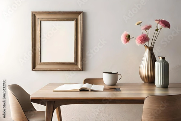 Fototapeta Empty wooden picture frame mockup hanging on beige wall background. Boho-shaped vase, dry flowers on the table. Cup of coffee. Working space, home office. Art, poster display. Modern tables and chairs