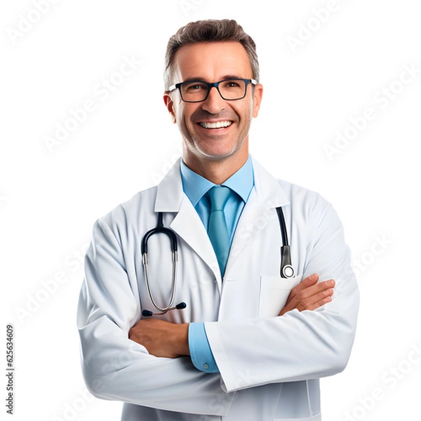 Fototapeta Cheerful mature doctor posing and smiling at camera, healthcare and medicine png format on transparent background Fictional Person, Generative AI