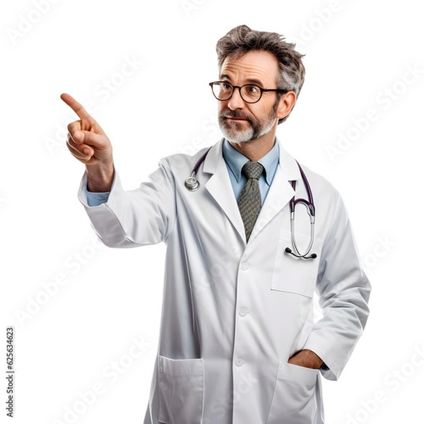 Fototapeta Doctor senior man, medical professional holding something in empty hand isolated over white background png format on transparent background Fictional Person, Generative AI