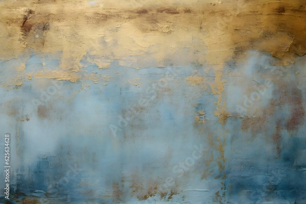 Fototapeta Acrylic blue and golden wall background. Abstract painting for banner, website, texture. Oil art aquamarine and gold,light orange and bronze, light gold and white, sleek metallic finish Generative AI