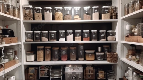 Fototapeta home storage area organize management home interior design pantry shelf and storage for store food and stuff in kitchen home design concept,ai generate