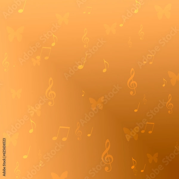 Fototapeta A pattern of notes, violin clefs and butterflies on a yellow brown background. Raster illustration