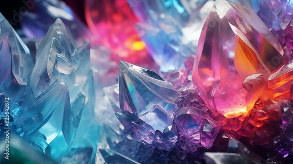 Obraz crystal formations, vibrant colours, illuminated from within, dreamy, mystical, fractal - like patterns