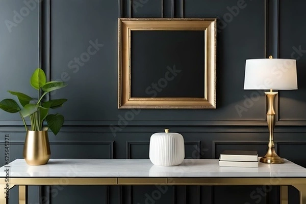 Fototapeta Wooden frame mockup on black wall with gold vases, blank vertical frame