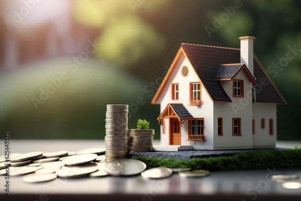 Fototapeta ai generated illustration Small model house with coins, buy and sell house