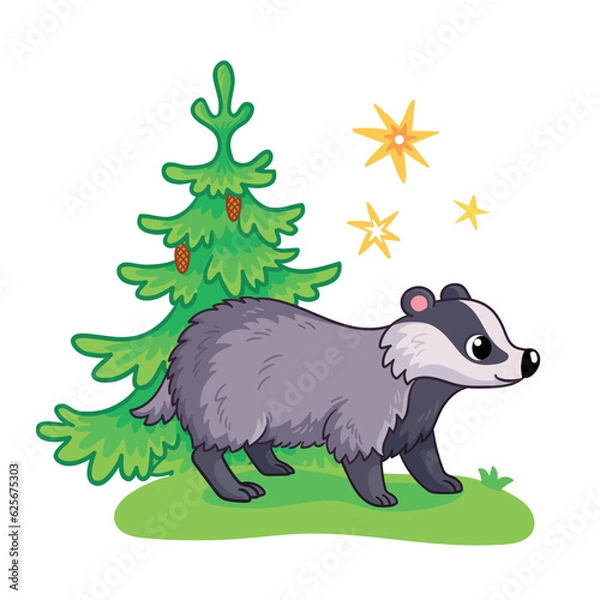 Fototapeta Cute badger stands on a green summer meadow next to a Christmas tree. Vector illustration with animal.