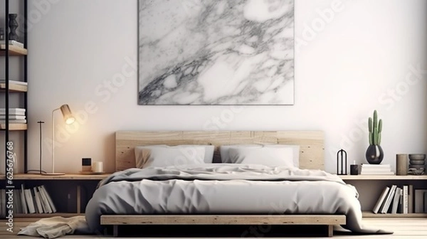 Fototapeta Stylish scandinavian living room interior with design mint sofa, furnitures, mock up poster map, plants, and elegant personal accessories. Home decor. Interior design