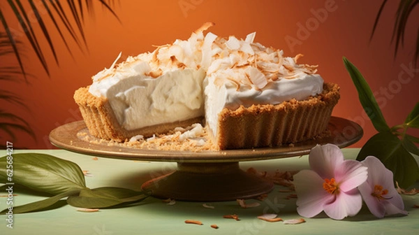 Fototapeta Coconut Creme Pie with Golden Baked Crust on Vintage Pastel Background with Tropical Theme and Island Style Flowers - Generative AI