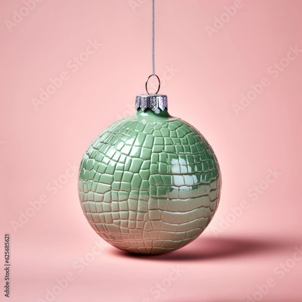 Fototapeta Christmas bauble decoration with a green snake skin pattern against pastel pink background. Generative AI.