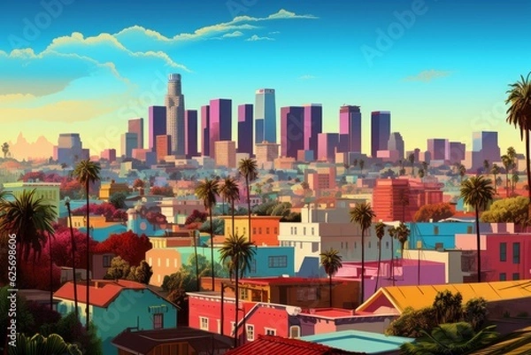 Fototapeta Vibrant pop art cityscape of Los Angeles, Generative AI
