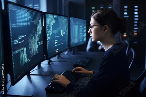 Obraz woman working on computer with multiple screens