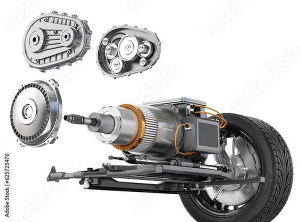 Fototapeta Exploded view of  Electric Vehicle Motor mounted on chassis. 3D rendering illustration.