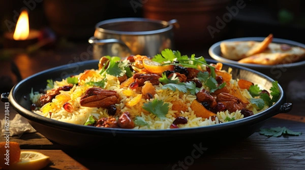 Obraz biryani bowl. with chicken and raisins. garnished
