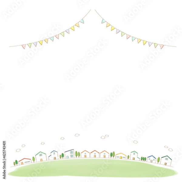 Fototapeta 水彩風のかわいい街並みとガーランドのフレーム