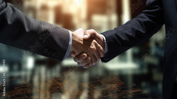 Fototapeta two businessmen shake hands in professional conditions and following the signing of a contract created by generative AI
