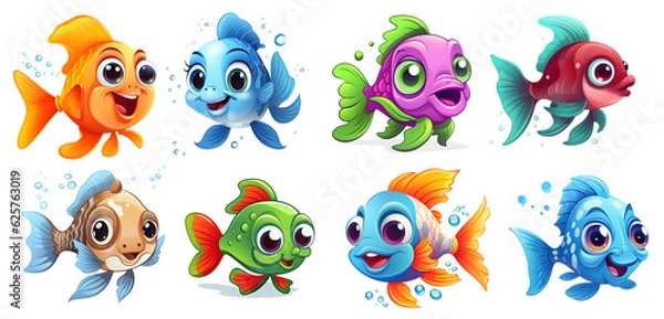 Obraz set of cute fishes Sticker, fish Clipart on isolated background, png, generated ai