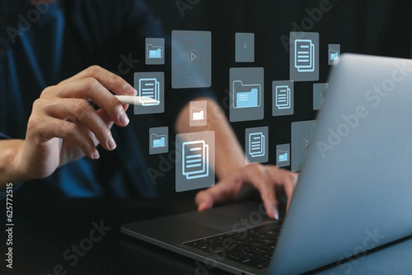 Fototapeta Document Management System (DMS), online documentation database and process automation to efficiently manage files, knowledge and documentation in enterprise with ERP. Corporate business technology.