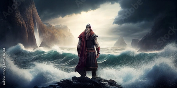 Obraz A fabulous mighty viking stands on a rocky shore and looks at the raging sea, view from the back. Generative AI