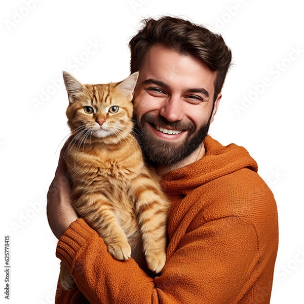 Fototapeta happy cat owner smiling holding his cat in arm