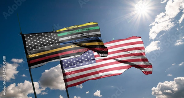 Obraz Thin Line First Responder American Flag Thin Line First Responder flag waving at cloudy sky background on sunset, panoramic view. copy space for wide banner.
