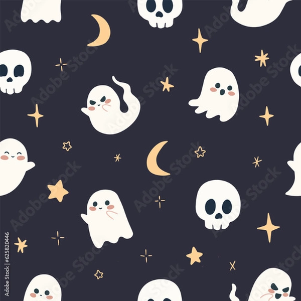 Obraz Cute Ghosts and Skulls Pattern with Moon Stars