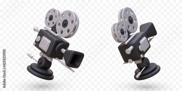 Fototapeta Realistic retro video camera with reels. Professional operator equipment. Recording on magnetic tape. Isolated vector image. Detailed object in different positions