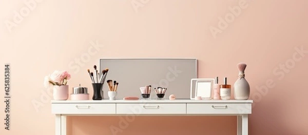 Fototapeta Photo of a beautifully decorated desk with a mirror and elegant accessories with copy space