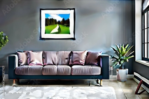 Obraz living room with sofa. Generative AI