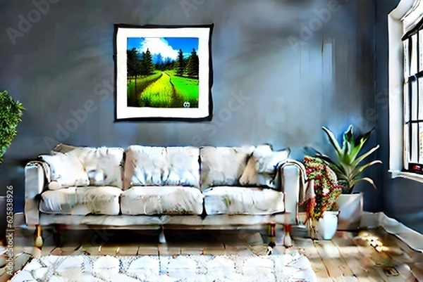 Obraz living interior with sofa. Generative AI