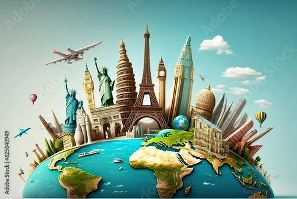 Fototapeta world tourism day with landmarks and transport. Generative AI