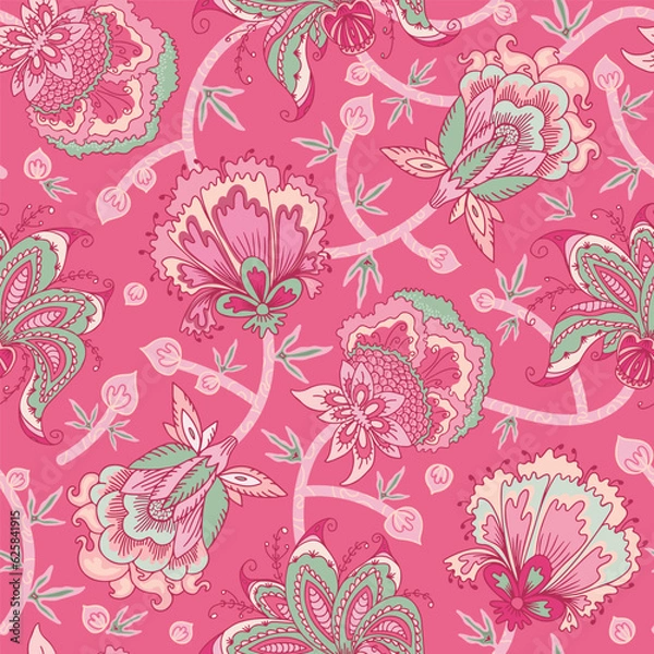 Obraz Fantasy flowers seamless pattern. Indian floral style. Chintz fabric, retro, vintage.