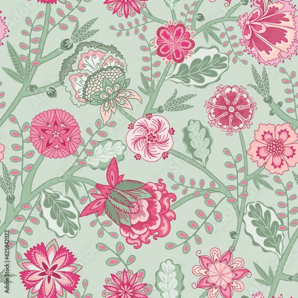 Obraz Fantasy flowers seamless pattern. Indian floral style. Chintz fabric, retro, vintage.
