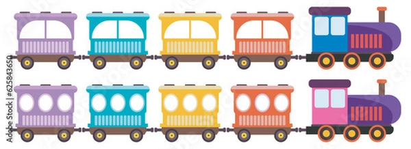 Obraz Kids toy train with color wagons, two different style kids train set, Toy train cartoon vector illustration.